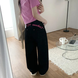 Non-washed denim wide-leg pants with embroidered patch