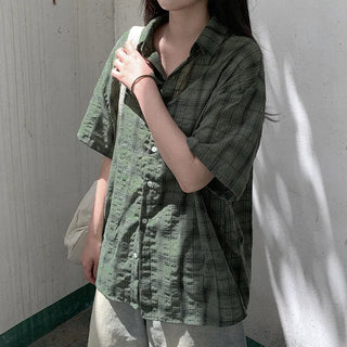[2 colors] Big size oversized check short-sleeved shirt summer outerwear