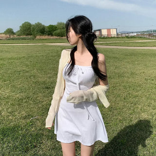 Square neck flared ribbon mini camisole dress