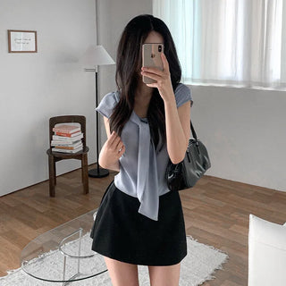 Tie-cap sleeve silky blouse