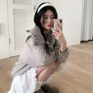 Checkered pattern hooded mountain parka