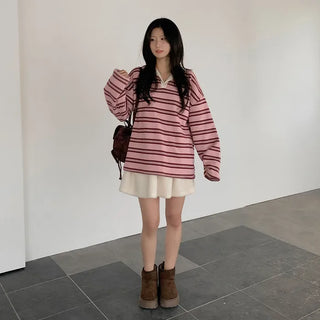 Fleece-lined striped oversized color T-shirt