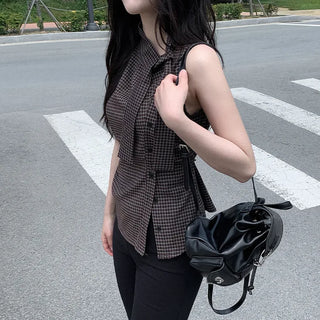 [2 colors] Tie Ribbon Check Camisole Shirring Summer Blouse