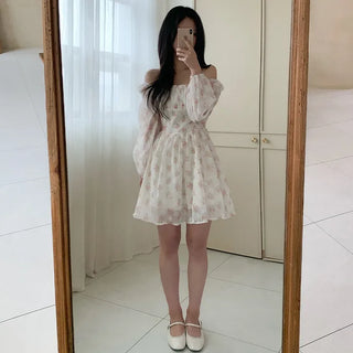 Floral chiffon square neck puff sleeve dress