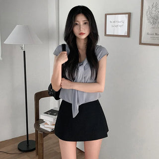 Tie-cap sleeve silky blouse