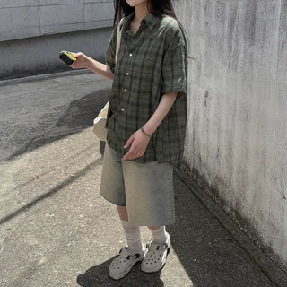 [2 colors] Big size oversized check short-sleeved shirt summer outerwear