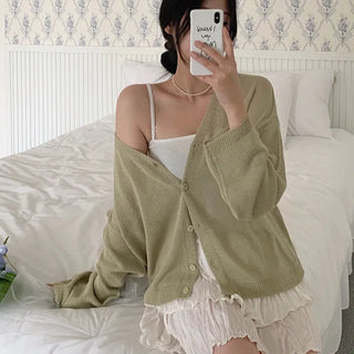 Linen knit sheer V-neck cardigan