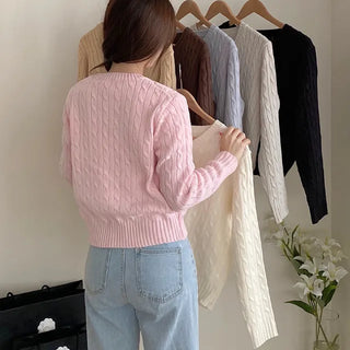 Autumn long-sleeved pink twisted loose-fit knit