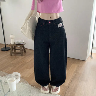Non-washed denim wide-leg pants with embroidered patch