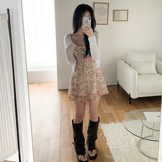 Ribbon floral print camisole bustier A-line mini summer dress
