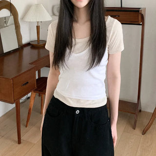 Round neck side shirring slim short-sleeve T-shirt