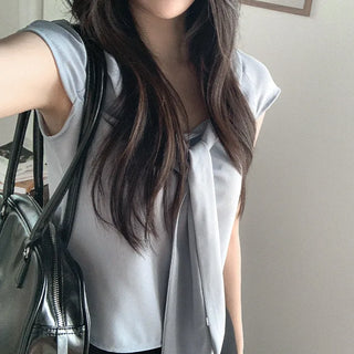 Tie-cap sleeve silky blouse