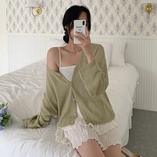 Linen knit sheer V-neck cardigan