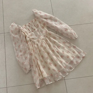 Floral chiffon square neck puff sleeve dress