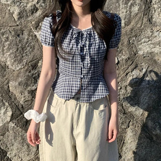 Checkered lace trim puff sleeve peplum summer blouse
