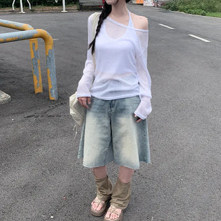 Linen oversized off-shoulder sheer long-sleeved T-shirt
