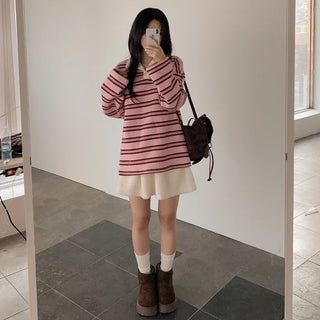 Fleece-lined striped oversized color T-shirt