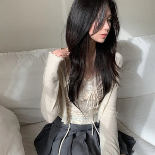 (Set) Ribbon Shirred Camisole & Cardigan