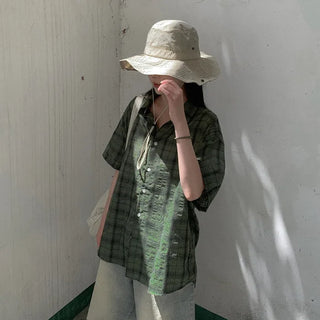 [2 colors] Big size oversized check short-sleeved shirt summer outerwear