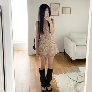 Ribbon floral print camisole bustier A-line mini summer dress