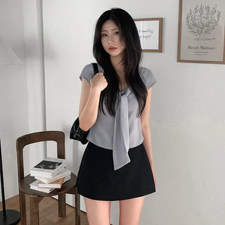 Tie-cap sleeve silky blouse