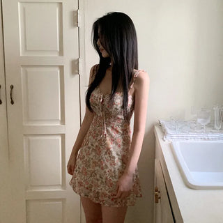 Ribbon floral print camisole bustier A-line mini summer dress