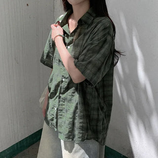 [2 colors] Big size oversized check short-sleeved shirt summer outerwear