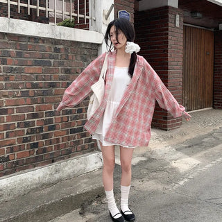 Pink checkered hooded oversized shirt