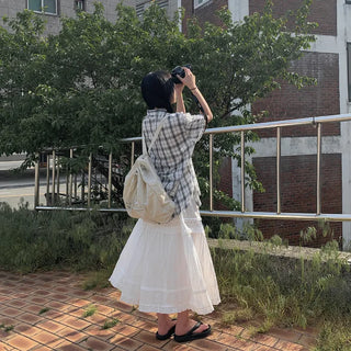 [2 colors] Big size oversized check short-sleeved shirt summer outerwear