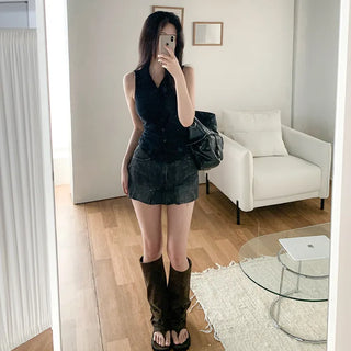 [2 colors] Collared halter neck shirred camisole blouse