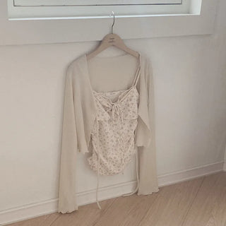 (Set) Ribbon Shirred Camisole & Cardigan