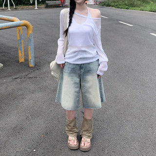 Linen oversized off-shoulder sheer long-sleeved T-shirt