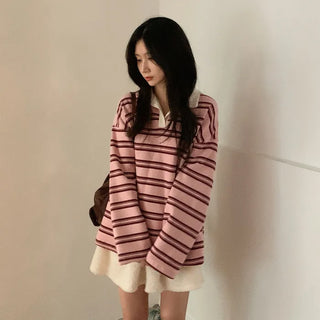 Fleece-lined striped oversized color T-shirt