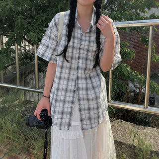 [2 colors] Big size oversized check short-sleeved shirt summer outerwear