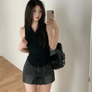 [2 colors] Collared halter neck shirred camisole blouse