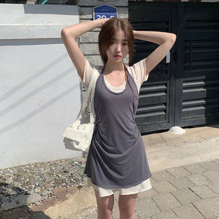 [Set] Layered Camisole & Off-Shoulder T-Shirt Dress Set