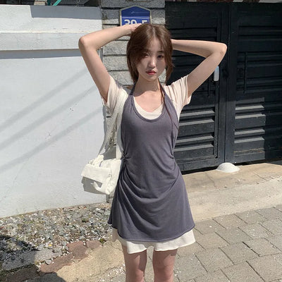 [Set] Layered Camisole & Off-Shoulder T-Shirt Dress Set