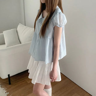 [3 colors] Polka Dot Babydoll Round Collar Puff Sleeve Short Sleeve Blouse