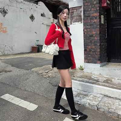 (Set) Striped camisole & long-sleeved cardigan set