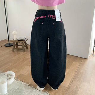 Non-washed denim wide-leg pants with embroidered patch