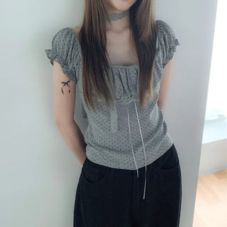 [3 colors] Polka Dot Lace Shirred Puff Sleeve Short Sleeve Slim T-Shirt