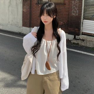 Layered oversized strap sleeveless shirred blouse