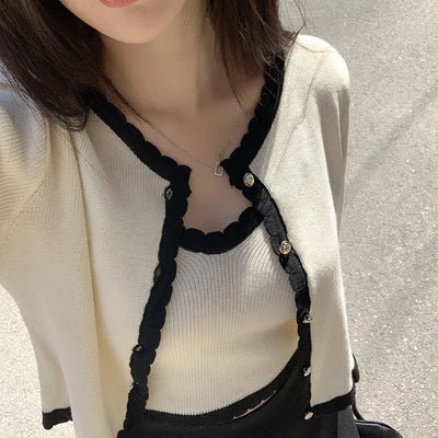 (Set) V-neck cropped sleeveless top & cardigan set
