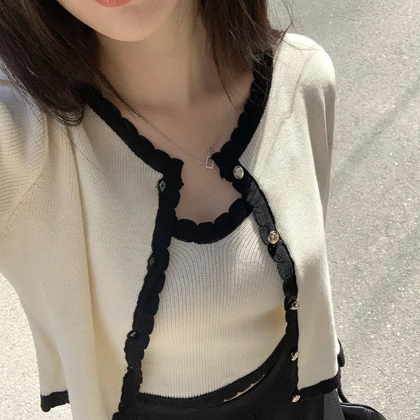 (Set) V-neck cropped sleeveless top & cardigan set