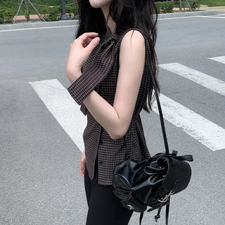 [2 colors] Tie Ribbon Check Camisole Shirring Summer Blouse