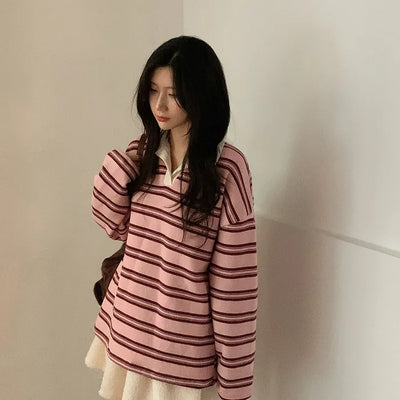 Fleece-lined striped oversized color T-shirt