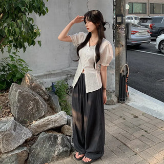 [2 colors] Shirred Frill Puff Sleeve Blouse