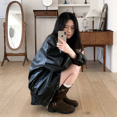 Collared faux leather oversized blouson