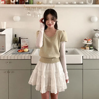 Round neck layered short-sleeved knit