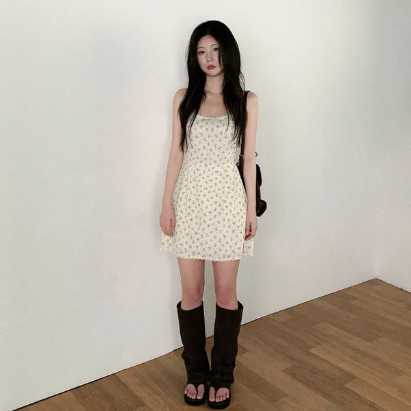 [2 colors] Floral print camisole bustier A-line summer dress